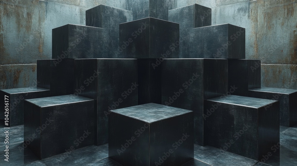Aufkleber a striking display of dark geometric cubes arranged in a pyramid shape, set against a textured indus