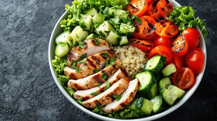 Healthy grilled chicken salad with quinoa, cucumber, lettuce, and cherry tomatoes, served in a fresh and vibrant bowl.