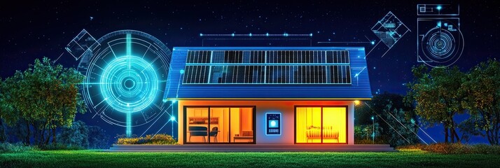 Obraz premium Modern Home with Digital Overlay and Solar Panels - Illustrated Ideal on a Beautiful Night