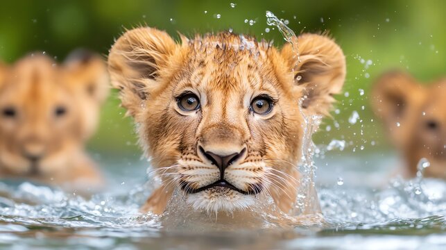 Baby lion cub squirting water from its mouth, lion cub squirting water, playful and energetic