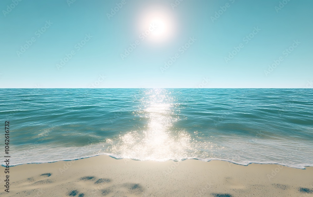 Poster a tranquil beach scene featuring sparkling water under a bright sun, with soft sand and gentle waves