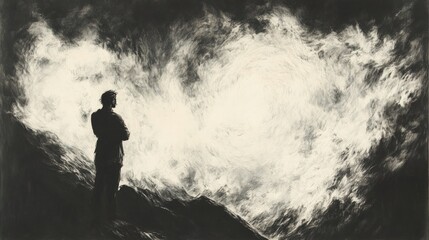 Obraz premium A lone figure stands silhouetted against a swirling vortex of light.