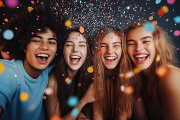 A group of joyful friends share laughter and smiles while celebrating a special occasion, surrounded by colorful confetti