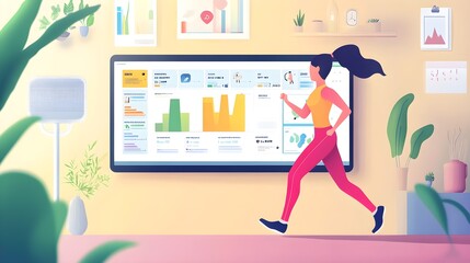 Woman Running On Treadmill With Fitness App On Screen