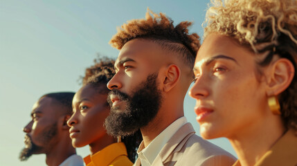 diverse group of people with different ethnicities, standing in line. the concept of unity...