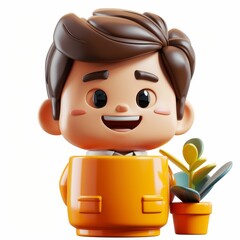 Cute Cartoon Character in a Pot With Plants