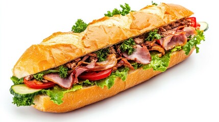 A delicious sub sandwich filled with meats, vegetables, and fresh greens on a crusty baguette.