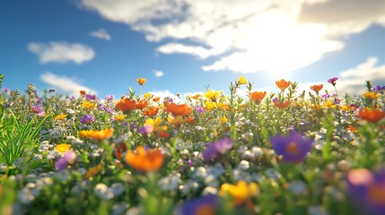 Obraz premium A vibrant field of colorful flowers under a bright blue sky, illuminated by sunlight, showcasing nature's beauty and diversity.