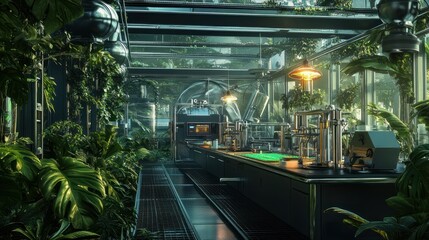 Fototapeta premium A panoramic view of a bioindustry facility surrounded by a lush natural environment, advanced technology minimizing ecological footprint, vibrant lighting, 32K resolution