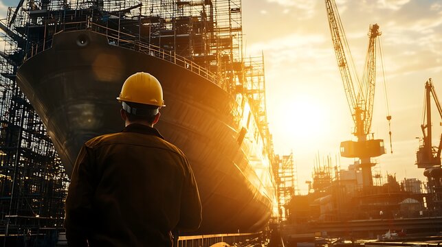A shipyard worker in a yellow hardhat stands in front of a large ship under construction. The sun is setting behind the ship, casting a golden glow on the scene.