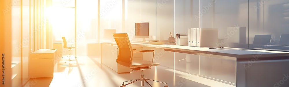 Poster a modern office bathed in warm sunlight, featuring sleek furniture and a panoramic view, creating a 