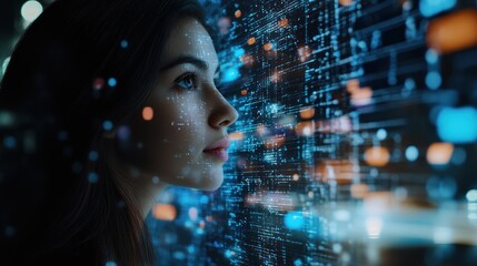 A woman gazing at a digital interface filled with data and light, symbolizing technology and insight.
