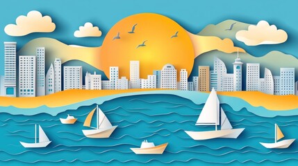 Fototapeta premium A vibrant paper-cut style scene featuring a sunset over a city skyline and boats on the water.