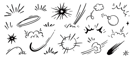 Comic cartoon boom speed effect, explosive motion line element set. Comic boom burst, explosive smoke, line speed cartoon vector icon. Hand drawn sketch doodle action effect. Vector illustration.. © Polina Tomtosova