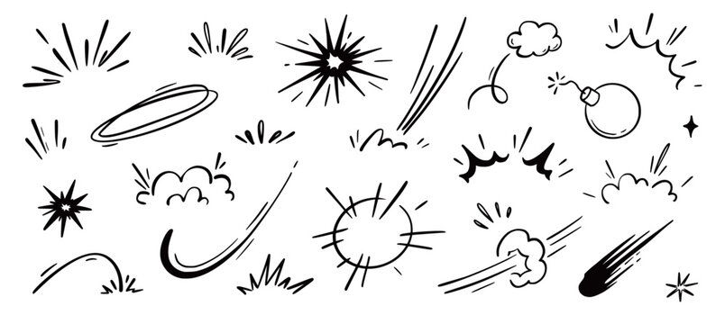 Comic cartoon boom speed effect, explosive motion line element set. Comic boom burst, explosive smoke, line speed cartoon vector icon. Hand drawn sketch doodle action effect. Vector illustration..