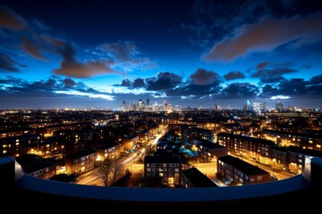 Fototapeta premium Night view of The Hagueâ€™s skyline, with office buildings and apartment complexes illuminated by city lights against a deep blue sky