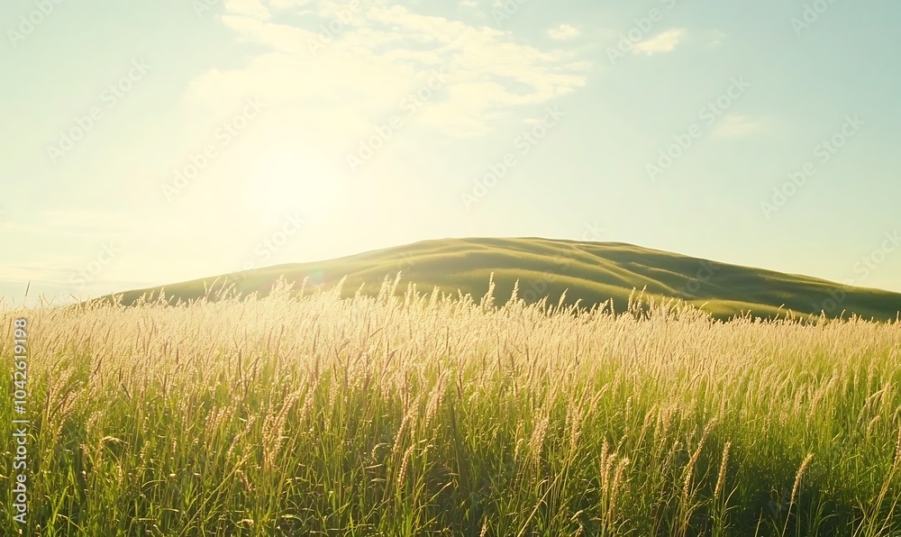 Poster a serene landscape featuring a sunlit field of tall grass with rolling hills in the background, crea
