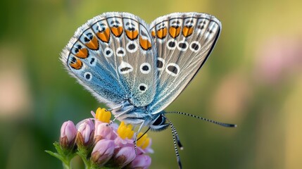 Obraz premium Close-up macro photography of a butterfly resting on a flower, with its wings in sharp focus and a softly blurred nature backdrop enhancing the scene.
