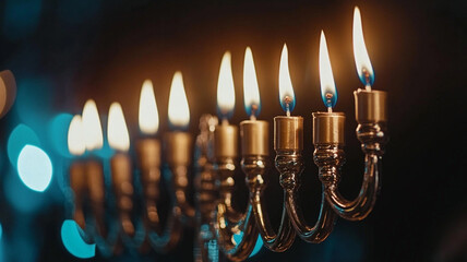 Traditional menorah with lit candles glowing brightly during Hanukkah celebrations