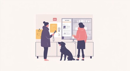 Two people interacting with a digital kiosk while a dog waits nearby.