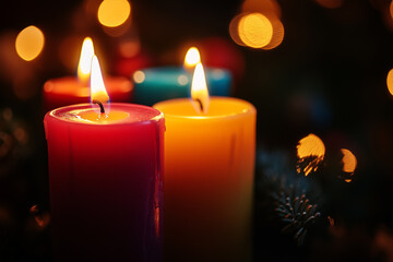 Yellow and red wax burning candles close up. Christmas decor. Dark background, lights and bokeh. New Year's eve, night.