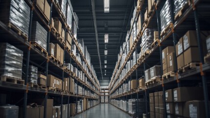 Obraz premium An active warehouse filled with shelves of products under industrial lighting, symbolizing the connectivity of global markets, photography style