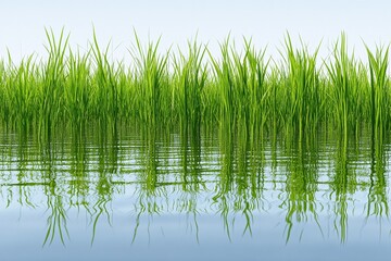 Fototapeta premium Green Grass Reflection in Still Water - Nature Photography