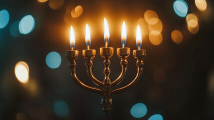 Fototapeta premium Menorah lit during Hanukkah celebration with glowing candles and festive lights in the background