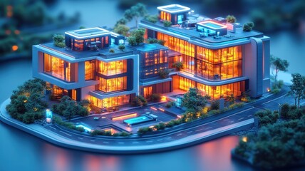 Obraz premium Modern architectural design with illuminated features by the water.