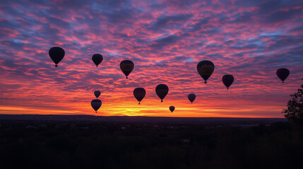 Naklejka premium Balloon Silhouettes in Sky against sunset and beautiful cloudy sky