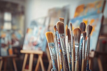 Fototapeta premium Paint Brushes and Art Supplies in an Artist's Studio
