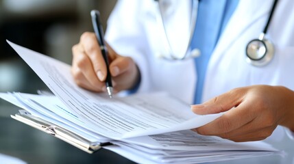 A healthcare professional reviews documents, holding a pen, with medical papers organized on a clipboard, indicating an administrative aspect of health services.