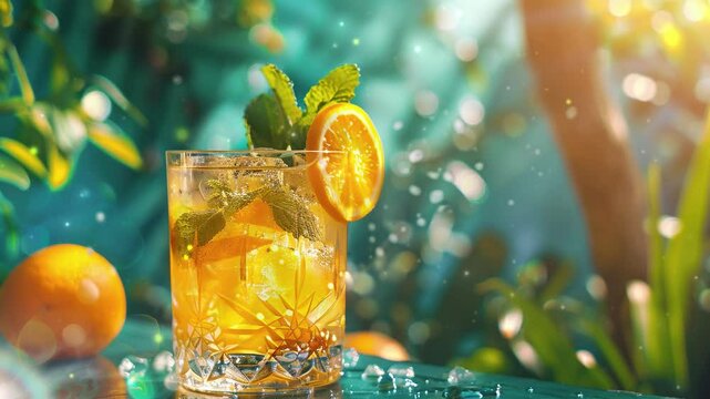 Hawaii cocktail with pineapple and grapefruit in it, placed on the table have copy space for text