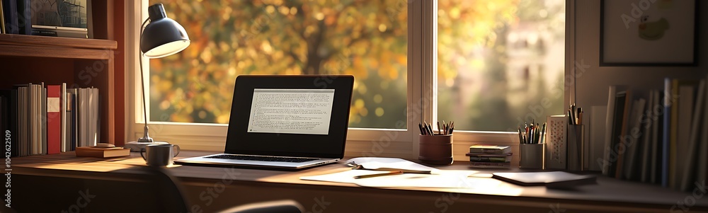 Aufkleber A cozy workspace with a desk, laptop, and warm autumn light streaming through a window, creating a tranquil atmosphere for productivity.