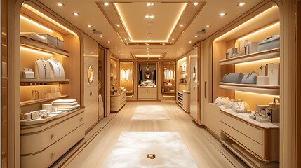 Obraz premium A modern and luxurious walk-in closet with warm lighting, beige walls, and wooden floors. There are shelves and drawers filled with designer clothes and accessories.
