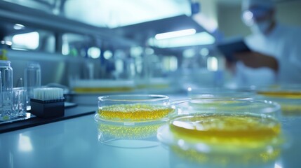 Close-up of bioengineers monitoring fermentation processes in a high-tech bioindustry lab, ultra-detailed instruments and microbial cultures.