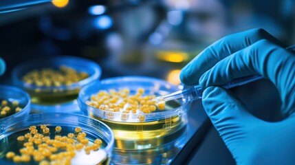 Close-up of bioengineers monitoring fermentation processes in a high-tech bioindustry lab, ultra-detailed instruments and microbial cultures.