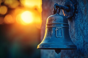 Obraz premium Antique Bronze Bell Hanging at Sunset