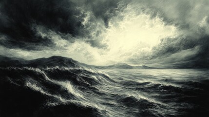 Fototapeta premium A dramatic seascape with a stormy sky, a distant horizon, and a bright light in the clouds.