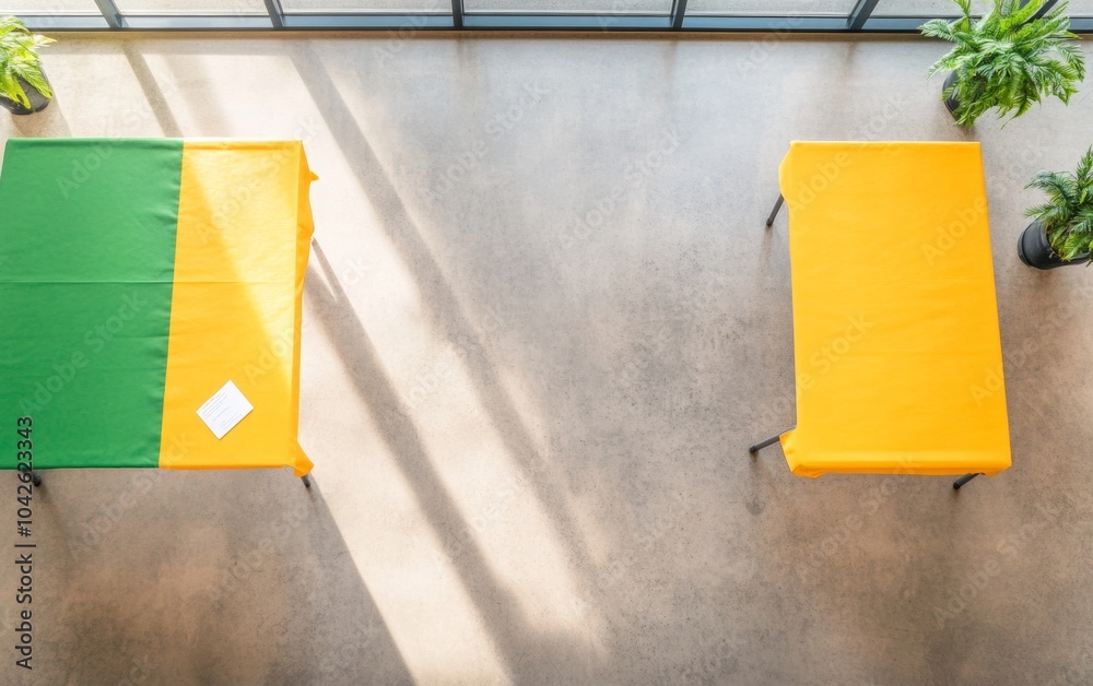 Aufkleber aerial view of colorful tables in bright indoor space with sunlit reflection
