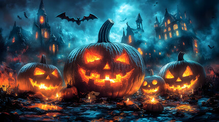 Fototapeta premium Halloween Pumpkins in a Spooky Night Illustration