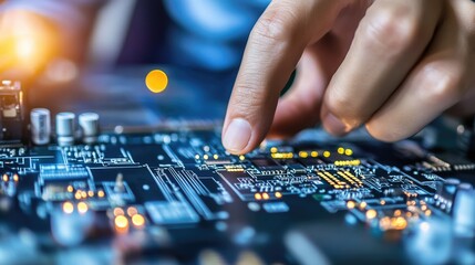 Fototapeta premium Close-up of Finger on Electronic Circuit Board