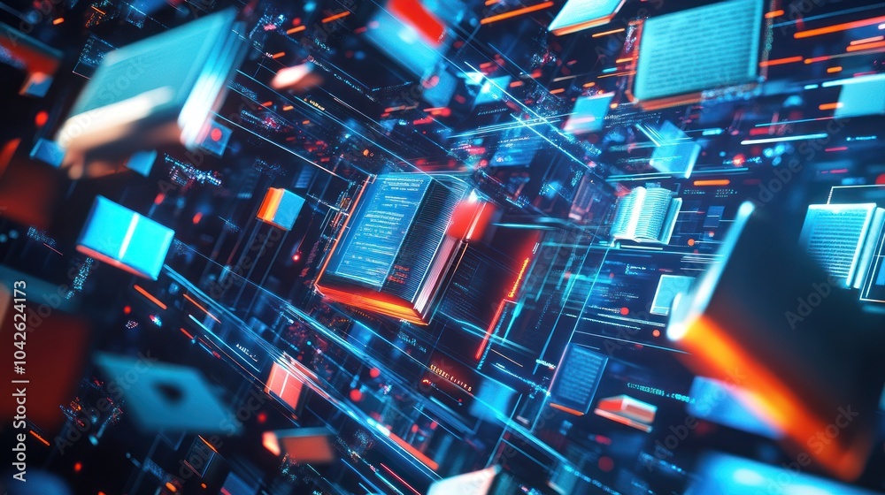 Poster a digital landscape showcasing floating data blocks and vibrant connectivity.