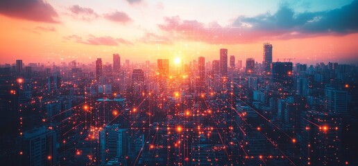 Fototapeta premium City skyline at sunset with glowing red lines connecting buildings.