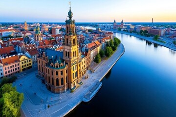 Obraz premium The quiet streets of JarosÅ‚aw, with its historic architecture and small-town charm, framed by colorful buildings and cobblestone roads