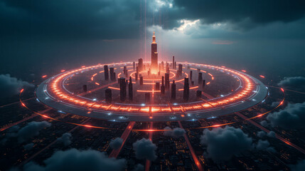 Futuristic city skyline with glowing rings and towering architecture set against a dramatic, cloudy sky during twilight