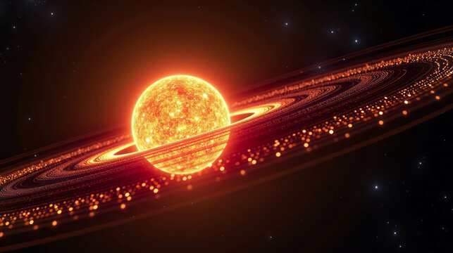 A vibrant star surrounded by luminous rings shines in the vastness of space on a clear night in the universe