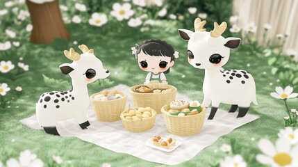 Naklejka premium Cute Cartoon Deer and Girl Enjoying Picnic with Snacks in Nature