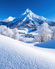 Fototapeta premium Stunning winter landscape showcasing snow-covered mountains under a clear blue sky.