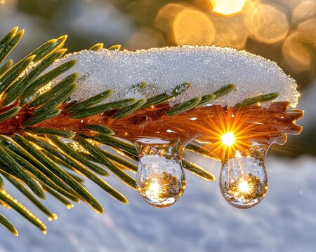 Snow-covered pine branch with sparkling icicles reflecting sunlight.